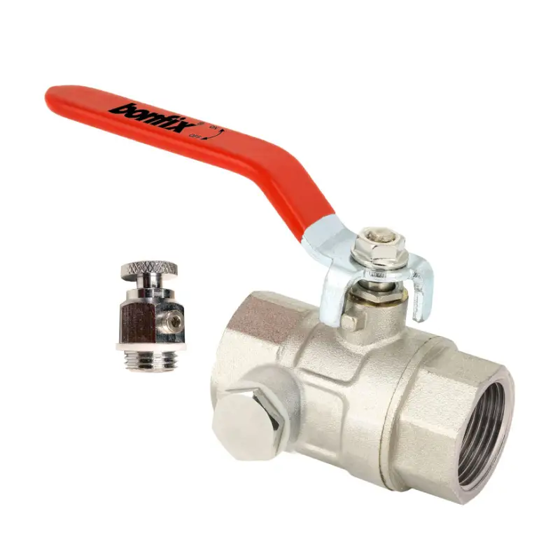 Bonfix kogelkraan met aftapgelegenheid, messing vernikkeld, 2x binnendraad, rode hendel, 30 bar, &frac12;" Geld-Terug-Garantie