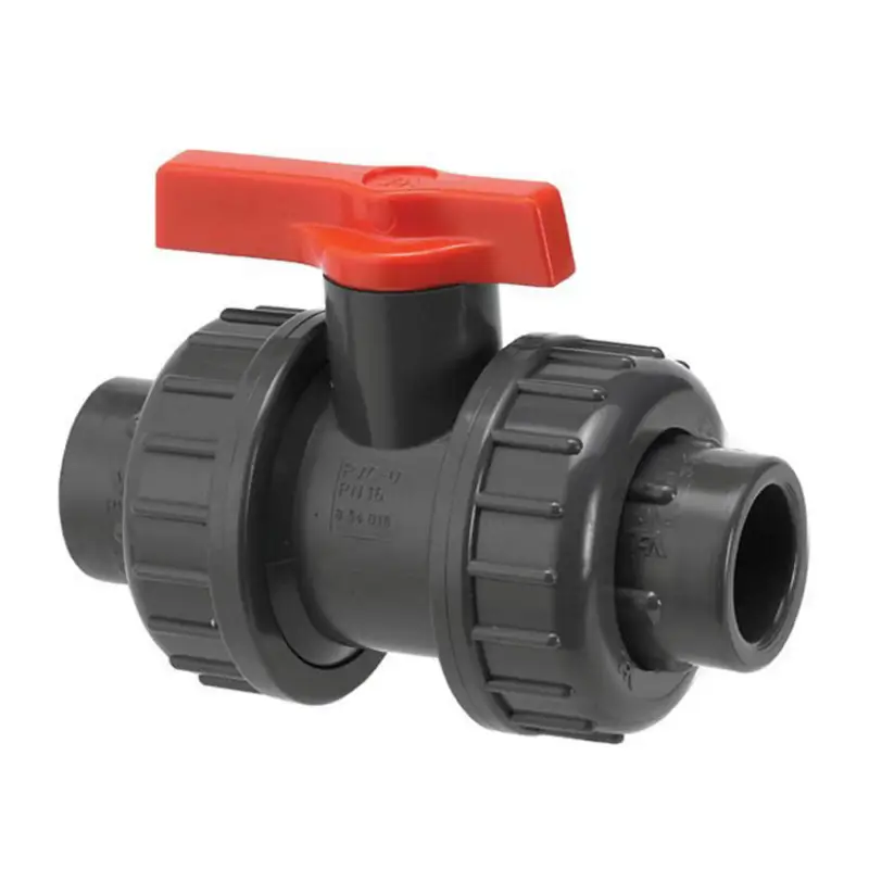 VDL laboratorium kogelkraan, pvc-u, 2x inwendig lijm / 2x wartel, oranje hendel, epdm, 16 bar, 16 mm Op = Op