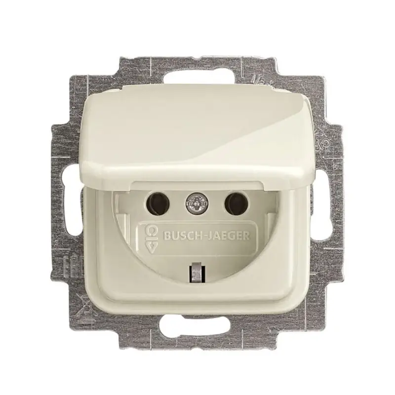 Ambachtelijk ABB Busch-Jaeger wandcontactdoos, SI, met RA, klapdeksel, cr&egrave;me