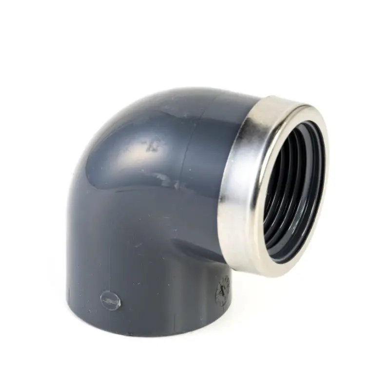 Wereldwijde Verzending VDL knie 90°, pvc-u, rvs, inwendig lijm x binnendraad, met versterkingsring, 16 bar, 32 mm x 1"