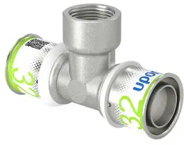 Uponor S-Press Plus schroef T-stuk 90° - pers x binnendraad x pers - 32mm x 3/4" x 32mm pers - messing - Kiwa Handgemaakt