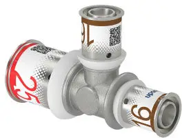 Gecertificeerd Uponor S-Press Plus verloop T-stuk 90° - pers x pers x pers - 25mm x 16mm x 16mm - messing - Kiwa