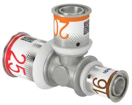 Uponor S-Press Plus verloop T-stuk 90° - pers x pers x pers - 25mm x 20mm x 16mm - messing - Kiwa Meest Verkocht