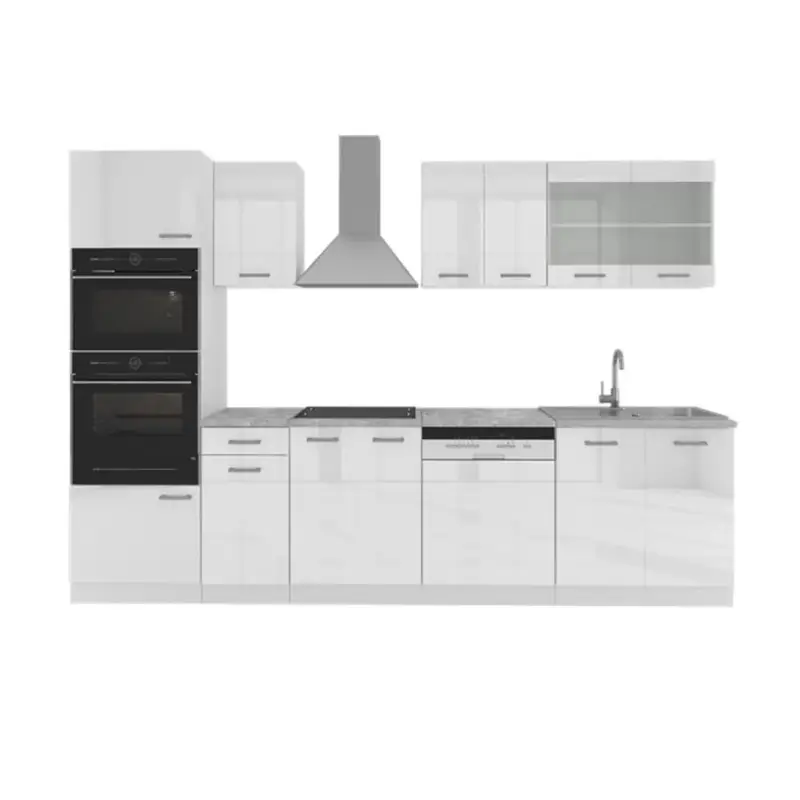 Vicco - R-line Keuken 300 Cm - Hoogglans Wit - Werkblad Wit Marmer Trendy