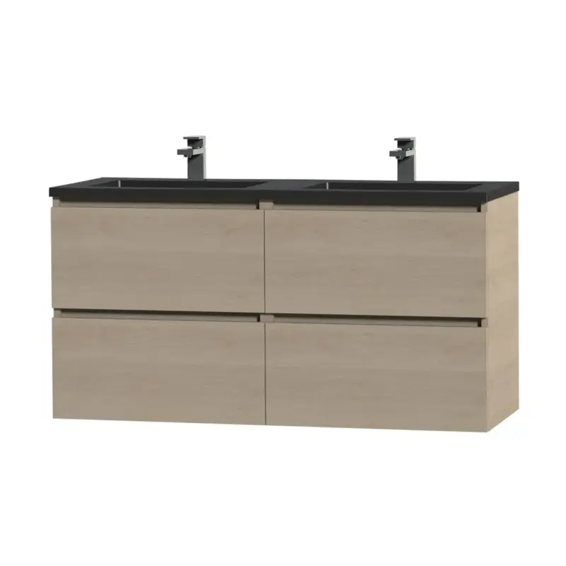 Voordeelprijs Tiger Wastafelonderkast Loft 120cm - Natuur Eik - Met 4 Lades - Met Mat Zwarte Wastafel - 120x46,5x45cm