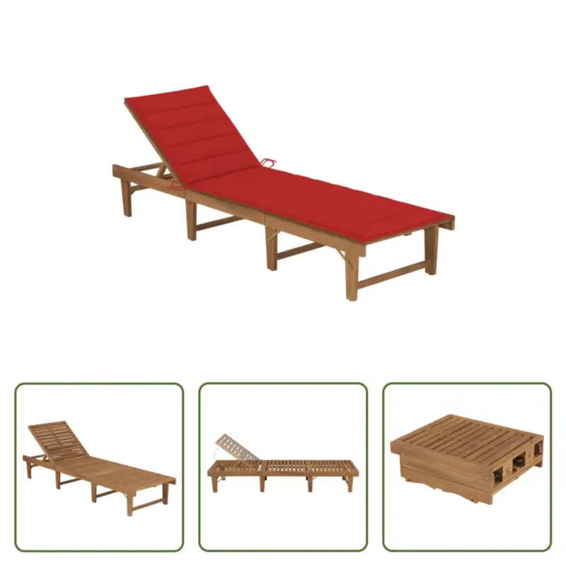 vidaXL Ligstoel Acaciahout - 200 x 61 x 30/86 cm - Rood kussen Uitverkoop