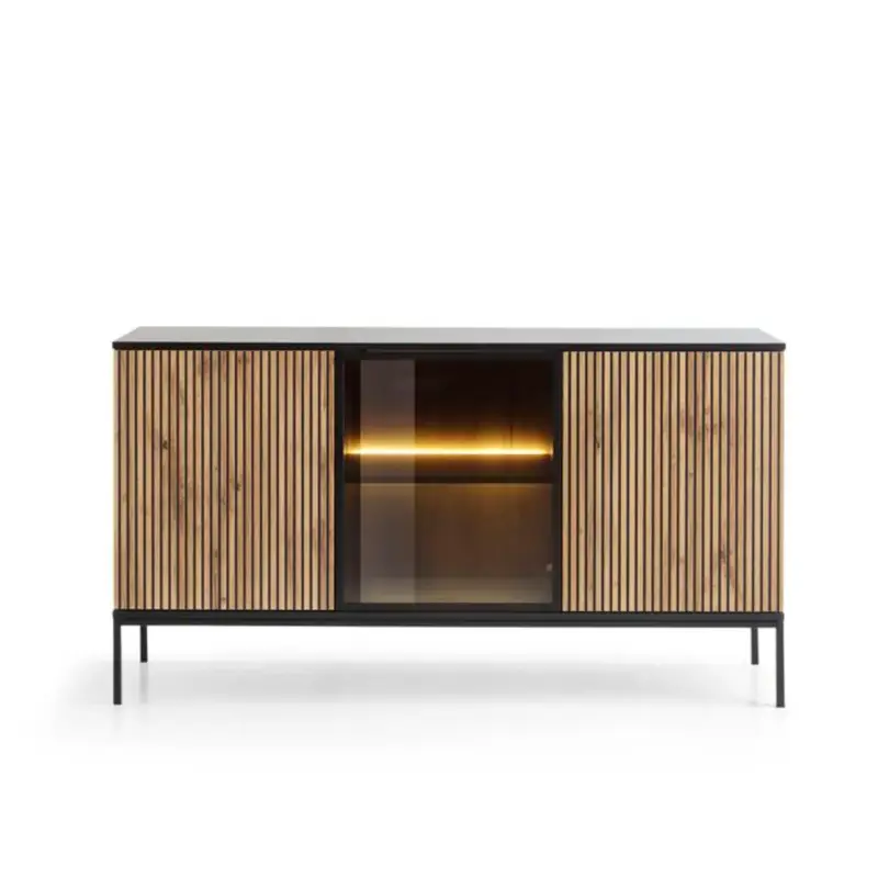 3xe Living - Grote Moderne Commode - Geribbelde Fronten - Zwart / Wotan-eik Populair