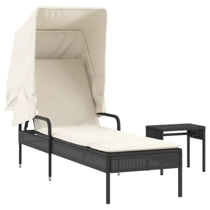vidaXL Ligbed met luifel en tafel - Poly rattan - Zwart Dagaanbieding