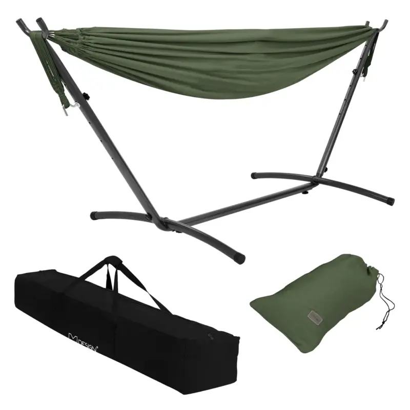 Ambachtelijk ML-Design dubbele hangmat met stalen frame, kaki, ruimte voor 2 personen